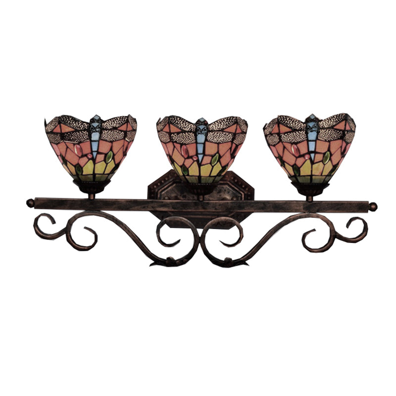 Stained Glass Dragonfly Wall Light Restaurant 3 Lights Tiffany Vintage Wall Lamp in Orange Clearhalo 'Industrial' 'Middle century wall lights' 'Tiffany wall lights' 'Tiffany' 'Wall Lamps & Sconces' 'Wall Lights' Lighting' 176230
