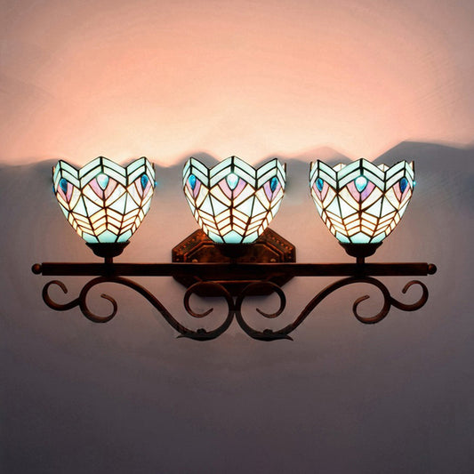 Stained Glass Peacock Wall Light 3 Lights Tiffany Classic Wall Sconce in Pink/Orange/Blue for Bedroom Lighting Blue Clearhalo 'Industrial' 'Middle century wall lights' 'Tiffany wall lights' 'Tiffany' 'Wall Lamps & Sconces' 'Wall Lights' Lighting' 176232