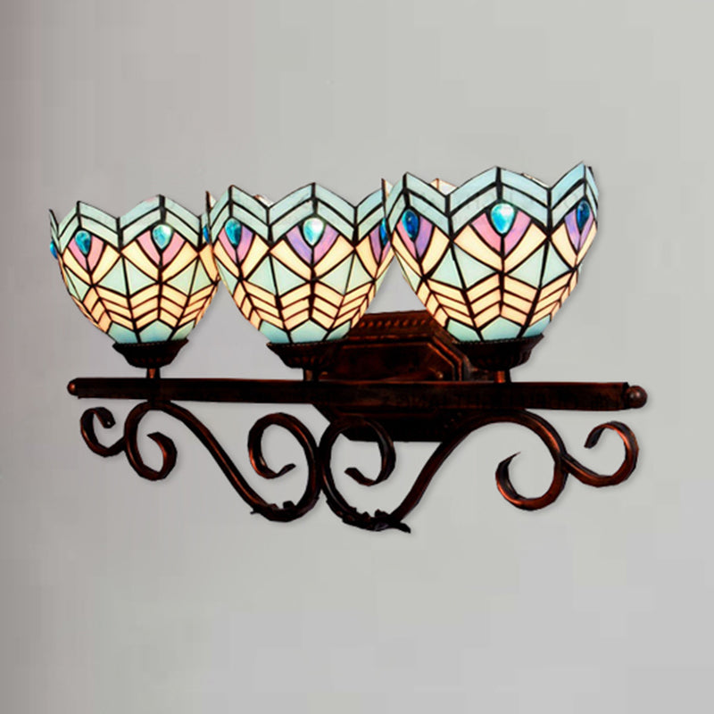 Stained Glass Peacock Wall Light 3 Lights Tiffany Classic Wall Sconce in Pink/Orange/Blue for Bedroom Lighting Clearhalo 'Industrial' 'Middle century wall lights' 'Tiffany wall lights' 'Tiffany' 'Wall Lamps & Sconces' 'Wall Lights' Lighting' 176233