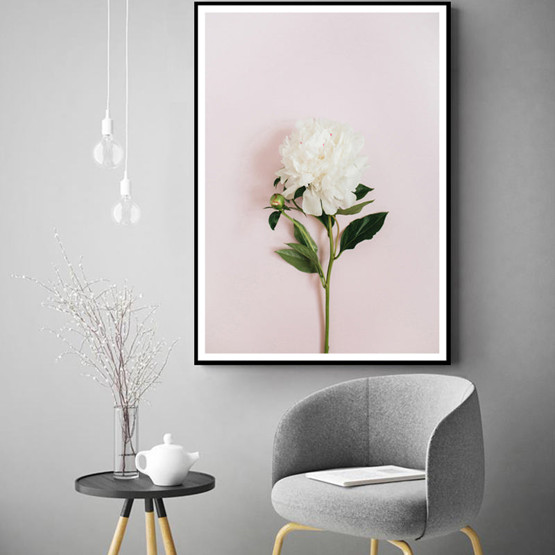 Blooming Peony Canvas Wall Art Textured Contemporary Girls Room Wall Decor in White-Pink White Clearhalo 'Art Gallery' 'Canvas Art' 'Contemporary Art Gallery' 'Modern' Arts' 1762397