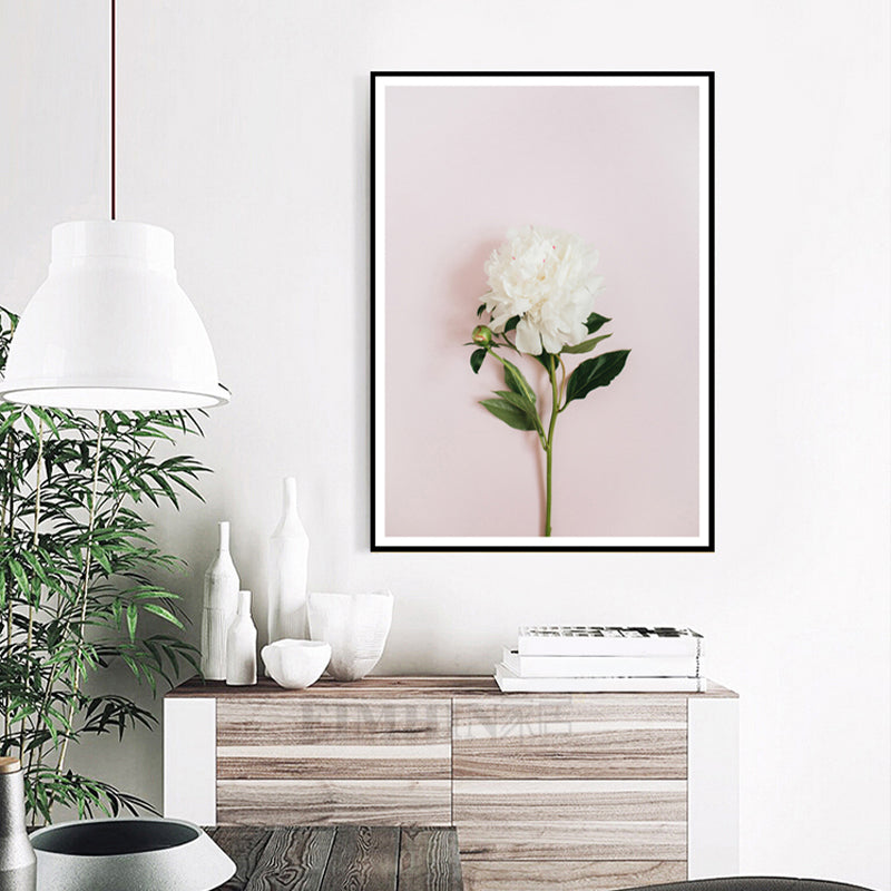Blooming Peony Canvas Wall Art Textured Contemporary Girls Room Wall Decor in White-Pink Clearhalo 'Art Gallery' 'Canvas Art' 'Contemporary Art Gallery' 'Modern' Arts' 1762398