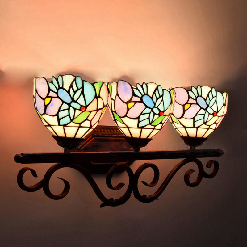 Stained Glass Peacock Wall Light 3 Lights Tiffany Classic Wall Sconce in Pink/Orange/Blue for Bedroom Lighting Pink Clearhalo 'Industrial' 'Middle century wall lights' 'Tiffany wall lights' 'Tiffany' 'Wall Lamps & Sconces' 'Wall Lights' Lighting' 176240