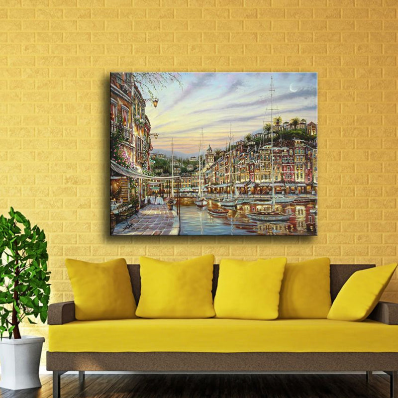 Canvas Textured Art Print Impressionism Waterfront Cityscape Painting, Multiple Sizes Brown Clearhalo 'Arts' 'Canvas Art' 1762426