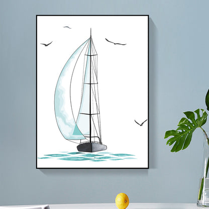 Blue Sailing Ship Drawing Canvas Textured Surface Cartoon Kindergarten Wall Art Print Blue Clearhalo 'Art Gallery' 'Canvas Art' 'Kids' Arts' 1762447