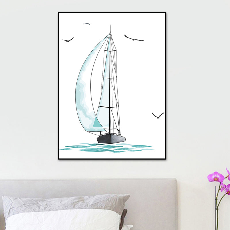 Blue Sailing Ship Drawing Canvas Textured Surface Cartoon Kindergarten Wall Art Print Clearhalo 'Art Gallery' 'Canvas Art' 'Kids' Arts' 1762448