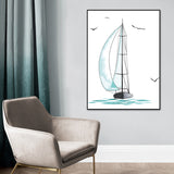 Blue Sailing Ship Drawing Canvas Textured Surface Cartoon Kindergarten Wall Art Print Clearhalo 'Art Gallery' 'Canvas Art' 'Kids' Arts' 1762449