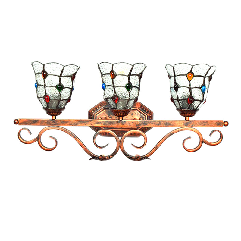 Cafe Lattice Bell Wall Light with Jewelry Glass 3 Heads Tiffany Vintage Clear Wall Lamp in Copper Clearhalo 'Industrial' 'Middle century wall lights' 'Tiffany wall lights' 'Tiffany' 'Wall Lamps & Sconces' 'Wall Lights' Lighting' 176246