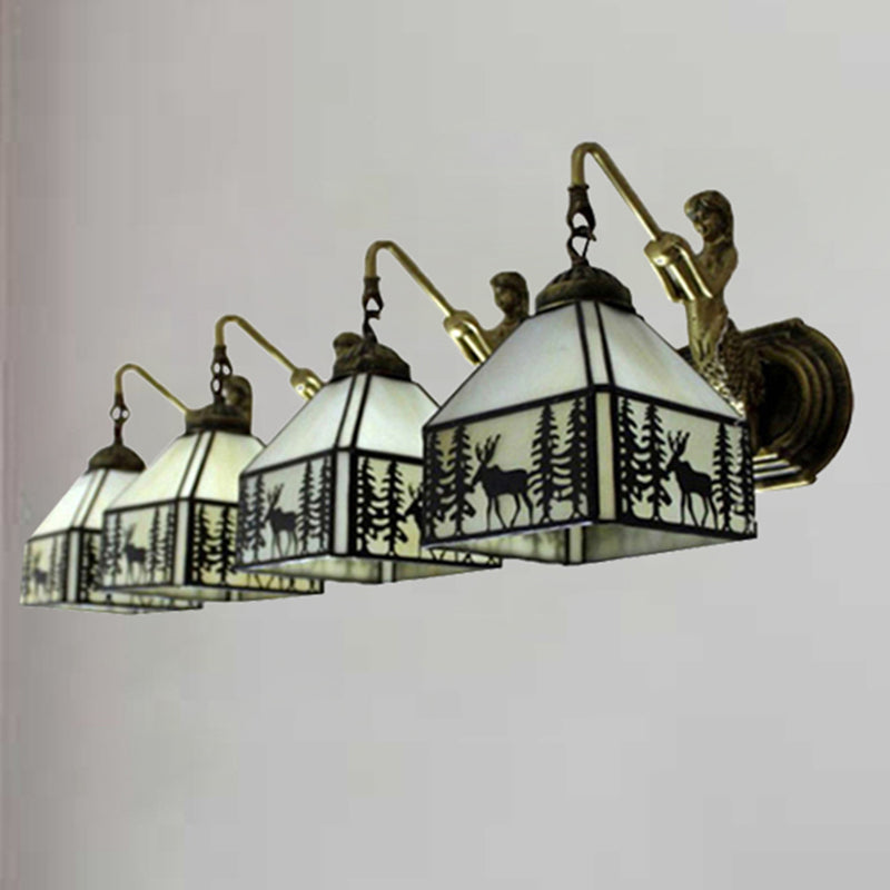 Rustic Style Lodge Wall Light with Forest Deer 4 Lights Art Glass Wall Sconce in Beige with Mermaid for Cafe Beige Clearhalo 'Industrial' 'Middle century wall lights' 'Tiffany wall lights' 'Tiffany' 'Wall Lamps & Sconces' 'Wall Lights' Lighting' 176249