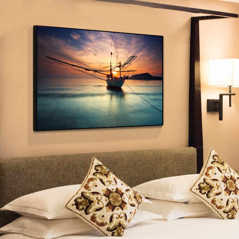 Sunset Glow Sailboat Canvas Print Modern Poetic Seascape Wall Art in Blue for Home Blue Clearhalo 'Art Gallery' 'Canvas Art' 'Contemporary Art Gallery' 'Modern' Arts' 1762513