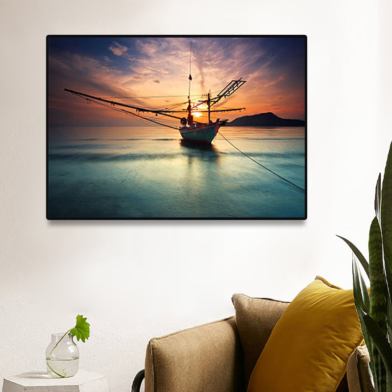 Sunset Glow Sailboat Canvas Print Modern Poetic Seascape Wall Art in Blue for Home Clearhalo 'Art Gallery' 'Canvas Art' 'Contemporary Art Gallery' 'Modern' Arts' 1762515