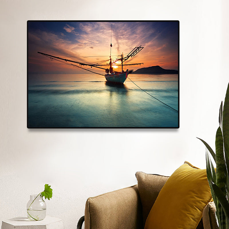Sunset Glow Sailboat Canvas Print Modern Poetic Seascape Wall Art in Blue for Home Clearhalo 'Art Gallery' 'Canvas Art' 'Contemporary Art Gallery' 'Modern' Arts' 1762515