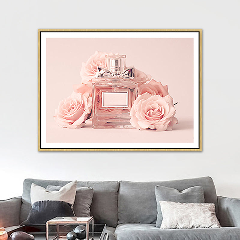 Pink Floral Perfume Canvas Print Photography Glam Style Textured Painting for Bedroom - Pink - Clearhalo - 'Arts' - 'Canvas Art' - 1762520