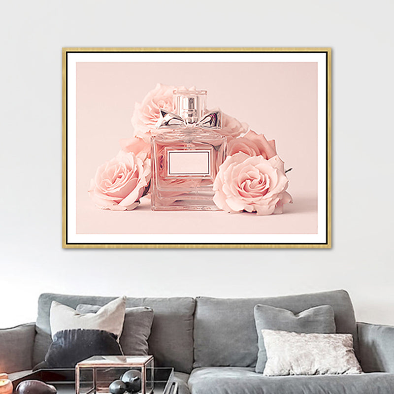 Pink Floral Perfume Canvas Print Photography Glam Style Textured Painting for Bedroom Pink Clearhalo 'Arts' 'Canvas Art' 1762520