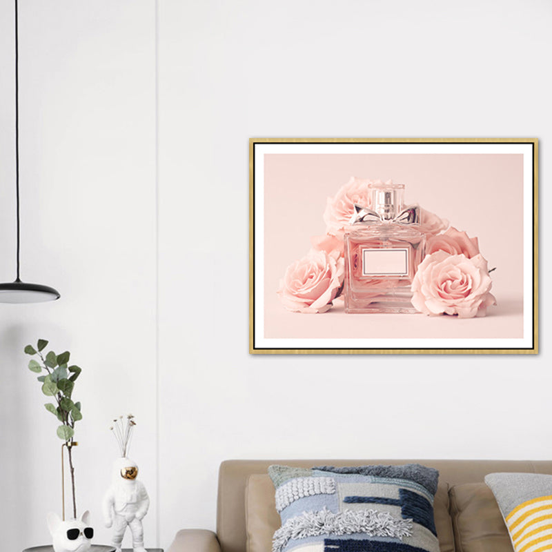 Pink Floral Perfume Canvas Print Photography Glam Style Textured Painting for Bedroom - Clearhalo - 'Arts' - 'Canvas Art' - 1762521