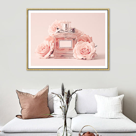 Pink Floral Perfume Canvas Print Photography Glam Style Textured Painting for Bedroom - Clearhalo - 'Arts' - 'Canvas Art' - 1762522