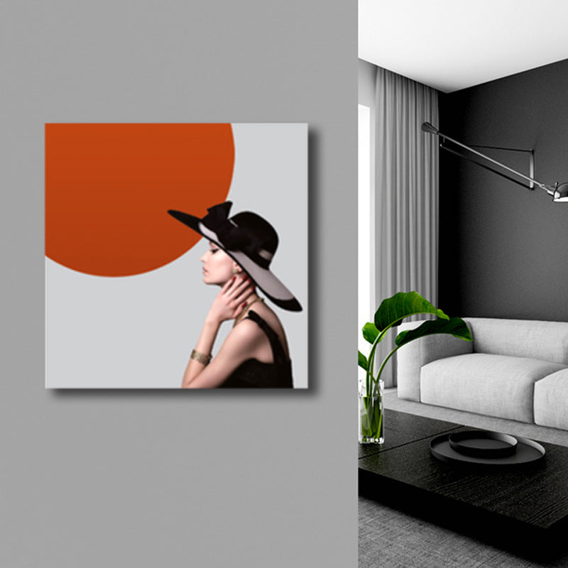 Modefrau mit Hutkunst Print Glamted strukturierte Wanddekoration in Rot und Schwarz für Schlafzimmer