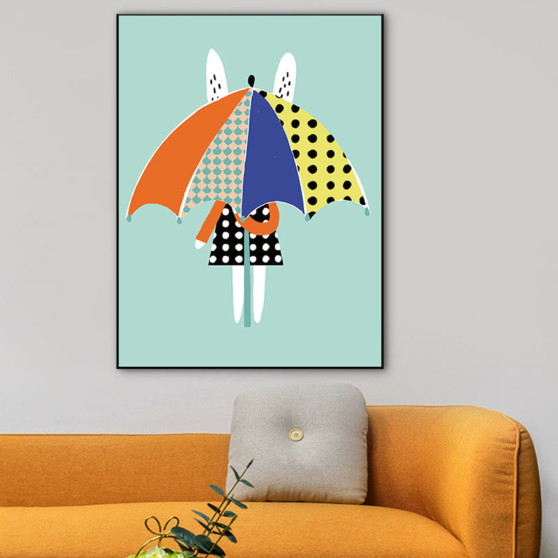 Conejo nórdico con arte paraguas de pared azul billete muerto lienzo impresa para comedor