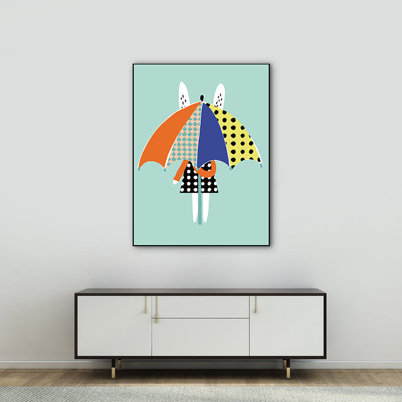 Nordic Rabbit with Umbrella Wall Art Blue Still Life Canvas Print for Dining Room Clearhalo 'Arts' 'Canvas Art' 1762622