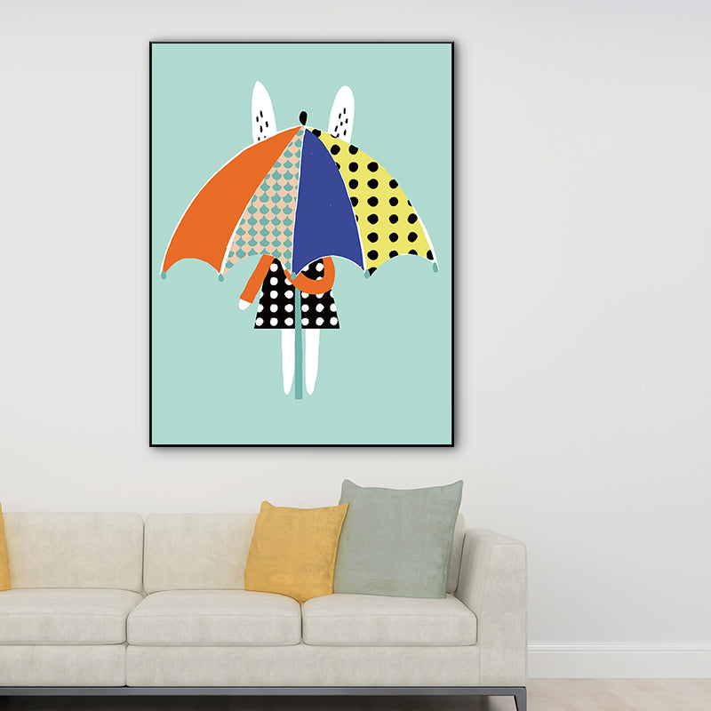 Nordischer Kaninchen mit Regenschirm Wandkunst Blau Stillleben Leinwand Druck für Esszimmer