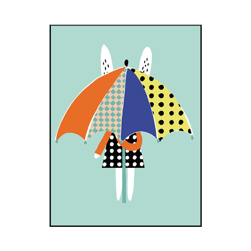 Nordischer Kaninchen mit Regenschirm Wandkunst Blau Stillleben Leinwand Druck für Esszimmer