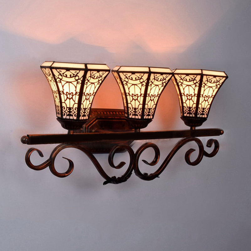 Glass Pattern Bell Sconce Light Study Room 3 Lights Tiffany Antique Wall Light in Beige Beige Clearhalo 'Industrial' 'Middle century wall lights' 'Tiffany wall lights' 'Tiffany' 'Wall Lamps & Sconces' 'Wall Lights' Lighting' 176266