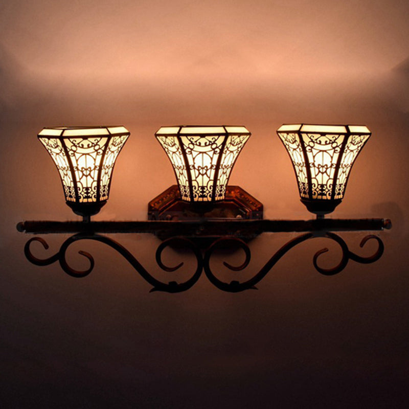 Glass Pattern Bell Sconce Light Study Room 3 Lights Tiffany Antique Wall Light in Beige Clearhalo 'Industrial' 'Middle century wall lights' 'Tiffany wall lights' 'Tiffany' 'Wall Lamps & Sconces' 'Wall Lights' Lighting' 176267