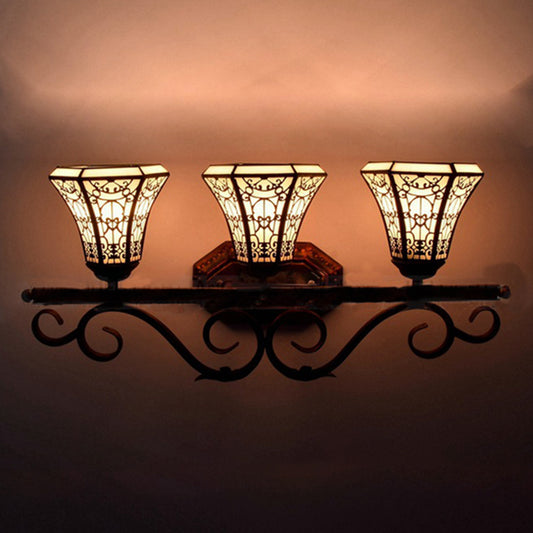 Glass Pattern Bell Sconce Light Study Room 3 Lights Tiffany Antique Wall Light in Beige Clearhalo 'Industrial' 'Middle century wall lights' 'Tiffany wall lights' 'Tiffany' 'Wall Lamps & Sconces' 'Wall Lights' Lighting' 176267