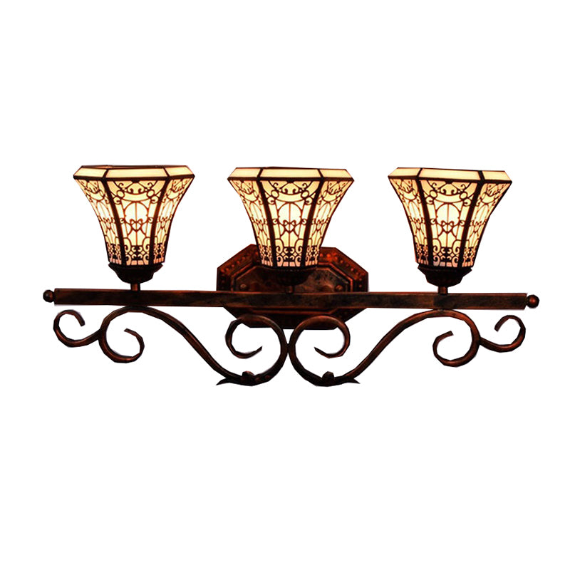 Glass Pattern Bell Sconce Light Study Room 3 Lights Tiffany Antique Wall Light in Beige Clearhalo 'Industrial' 'Middle century wall lights' 'Tiffany wall lights' 'Tiffany' 'Wall Lamps & Sconces' 'Wall Lights' Lighting' 176268
