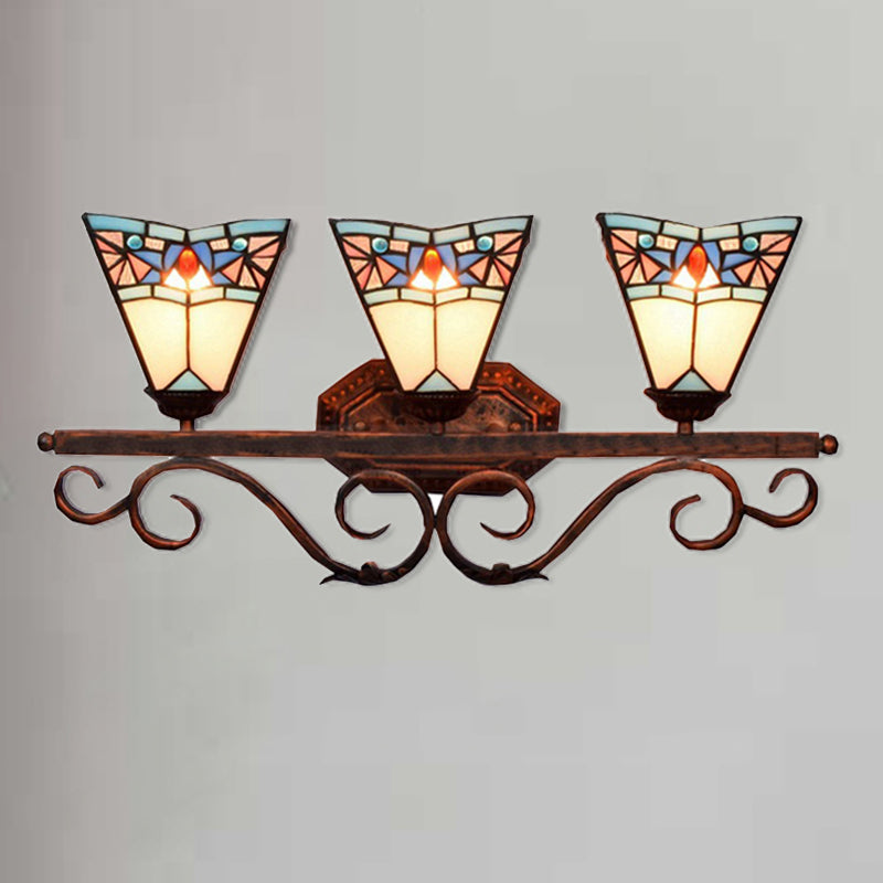 Black/Green/Blue Glass Pattern Bell Sconce Lamp 3 Bulbs Tiffany Antique Wall Light for Living Room Clearhalo 'Industrial' 'Middle century wall lights' 'Tiffany wall lights' 'Tiffany' 'Wall Lamps & Sconces' 'Wall Lights' Lighting' 176272