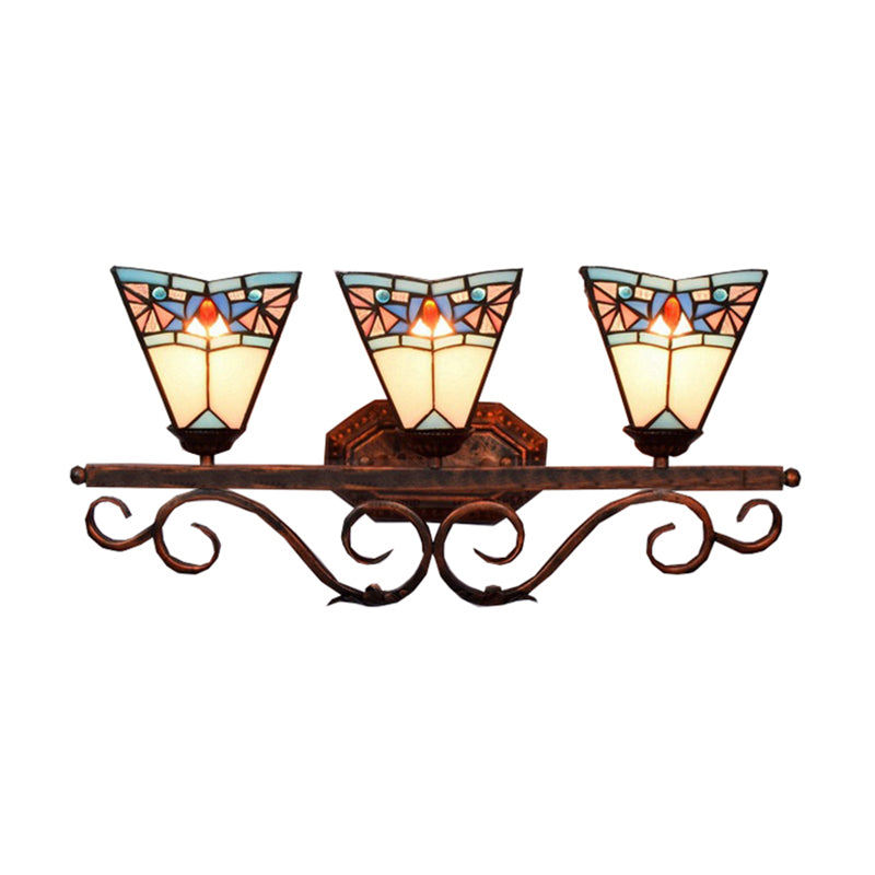 Black/Green/Blue Glass Pattern Bell Sconce Lamp 3 Bulbs Tiffany Antique Wall Light for Living Room Clearhalo 'Industrial' 'Middle century wall lights' 'Tiffany wall lights' 'Tiffany' 'Wall Lamps & Sconces' 'Wall Lights' Lighting' 176273