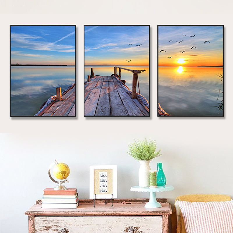 Multi-Piece Pastel Canvas Art Modern Photo Wooden Bridge to Sea Scene Wall Decor Clearhalo 'Art Gallery' 'Canvas Art' 'Contemporary Art Gallery' 'Modern' Arts' 1762779