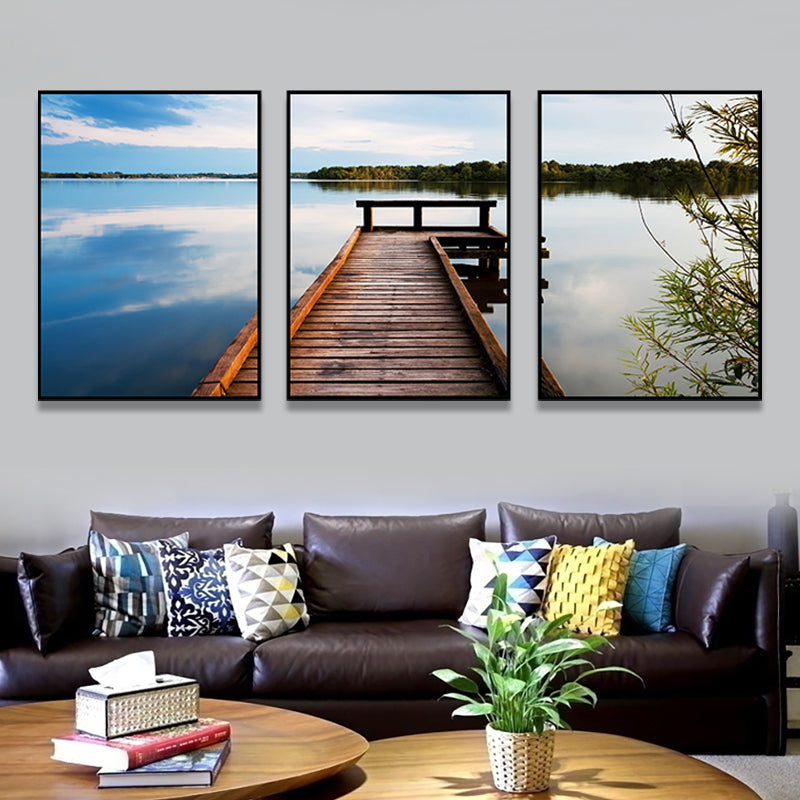 Multi-Piece Pastel Canvas Art Modern Photo Wooden Bridge to Sea Scene Wall Decor Brown Clearhalo 'Art Gallery' 'Canvas Art' 'Contemporary Art Gallery' 'Modern' Arts' 1762784