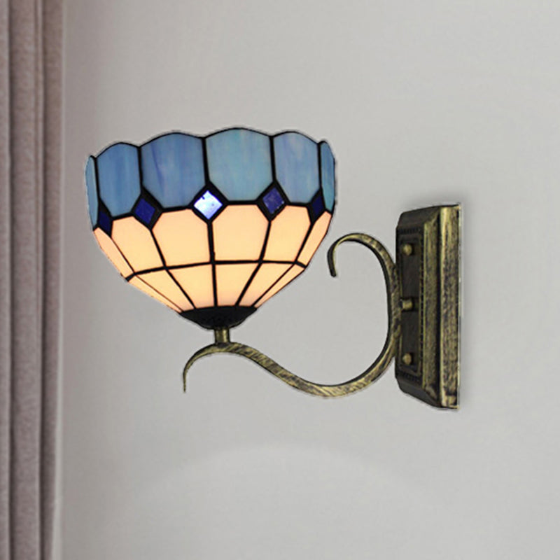 Classic Tiffany Bowl Wall Light Single Light Art Glass Wall Lamp in Antique Bronze for Bathroom Blue Clearhalo 'Industrial' 'Middle century wall lights' 'Tiffany wall lights' 'Tiffany' 'Wall Lamps & Sconces' 'Wall Lights' Lighting' 176289