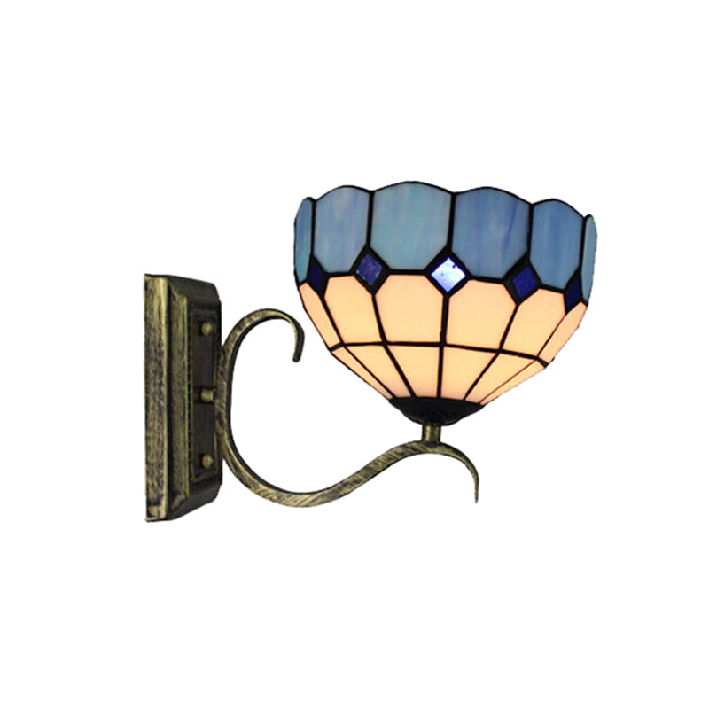 Classic Tiffany Bowl Wall Light Single Light Art Glass Wall Lamp in Antique Bronze for Bathroom Clearhalo 'Industrial' 'Middle century wall lights' 'Tiffany wall lights' 'Tiffany' 'Wall Lamps & Sconces' 'Wall Lights' Lighting' 176291