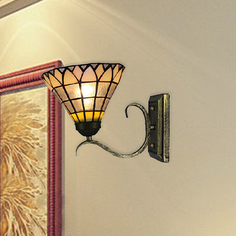 Tiffany Shuttlecock Shaped Wall Light Art Glass 1 Light Clear Wall Lamp with Curved Arm for Kitchen Clear Clearhalo 'Industrial' 'Middle century wall lights' 'Tiffany wall lights' 'Tiffany' 'Wall Lamps & Sconces' 'Wall Lights' Lighting' 176294