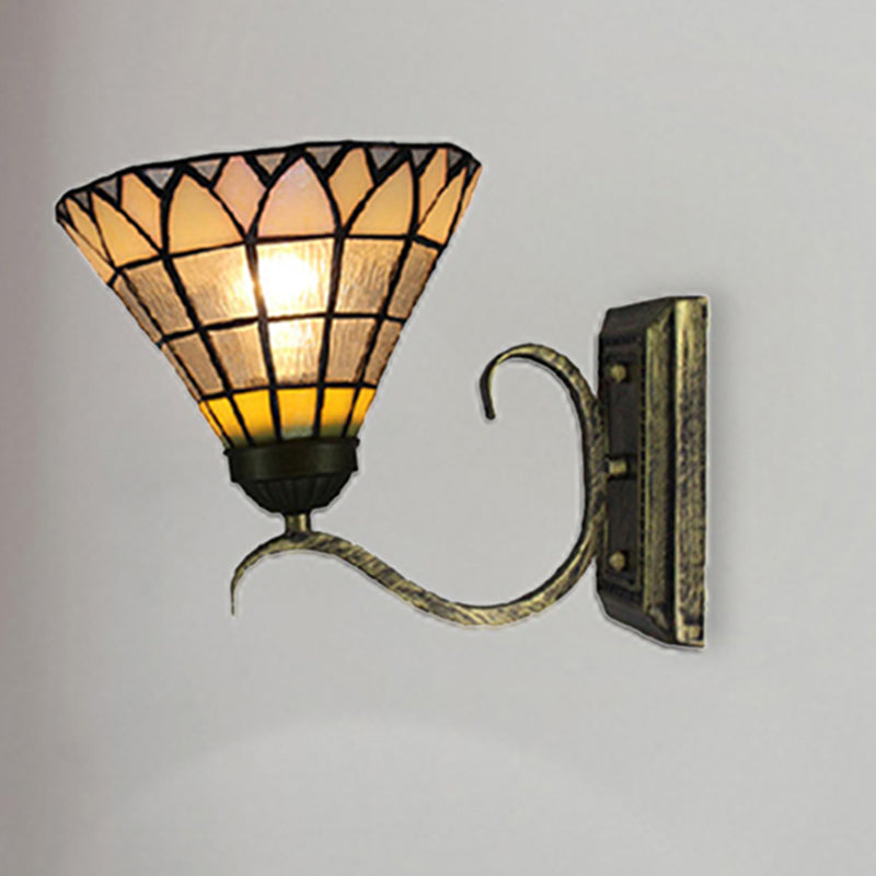 Tiffany Shuttlecock Shaped Wall Light Art Glass 1 Light Clear Wall Lamp with Curved Arm for Kitchen Clearhalo 'Industrial' 'Middle century wall lights' 'Tiffany wall lights' 'Tiffany' 'Wall Lamps & Sconces' 'Wall Lights' Lighting' 176295