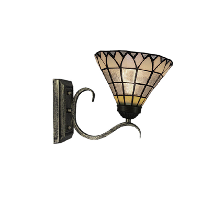 Tiffany Shuttlecock Shaped Wall Light Art Glass 1 Light Clear Wall Lamp with Curved Arm for Kitchen Clearhalo 'Industrial' 'Middle century wall lights' 'Tiffany wall lights' 'Tiffany' 'Wall Lamps & Sconces' 'Wall Lights' Lighting' 176297