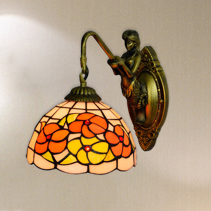 Flower Wall Mounted Light Tiffany Beige Glass 1 Head Brass Mermaid Sconce Light Fixture for Hallway Clearhalo 'Industrial' 'Middle century wall lights' 'Tiffany wall lights' 'Tiffany' 'Wall Lamps & Sconces' 'Wall Lights' Lighting' 176300