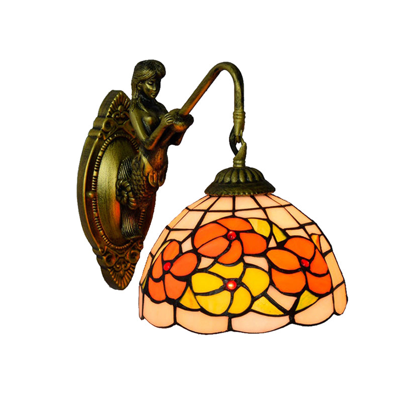 Flower Wall Mounted Light Tiffany Beige Glass 1 Head Brass Mermaid Sconce Light Fixture for Hallway Clearhalo 'Industrial' 'Middle century wall lights' 'Tiffany wall lights' 'Tiffany' 'Wall Lamps & Sconces' 'Wall Lights' Lighting' 176301