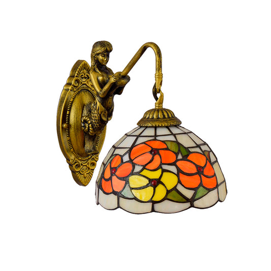 Flower Wall Mounted Light Tiffany Beige Glass 1 Head Brass Mermaid Sconce Light Fixture for Hallway Clearhalo 'Industrial' 'Middle century wall lights' 'Tiffany wall lights' 'Tiffany' 'Wall Lamps & Sconces' 'Wall Lights' Lighting' 176302