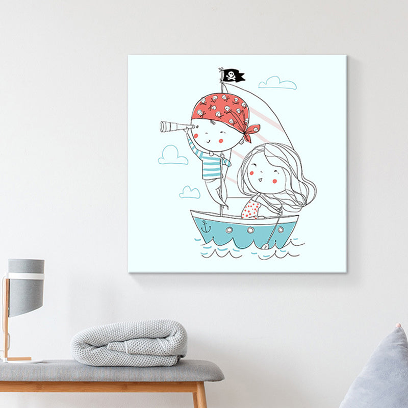 Kids Rowing Drawing Canvas Print Cartoon Lovely Figure Wall Art in Blue on White Blue Clearhalo 'Art Gallery' 'Canvas Art' 'Kids' Arts' 1763030