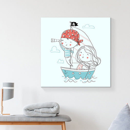 Kids Rowing Drawing Canvas Print Cartoon Lovely Figure Wall Art in Blue on White Blue Clearhalo 'Art Gallery' 'Canvas Art' 'Kids' Arts' 1763030