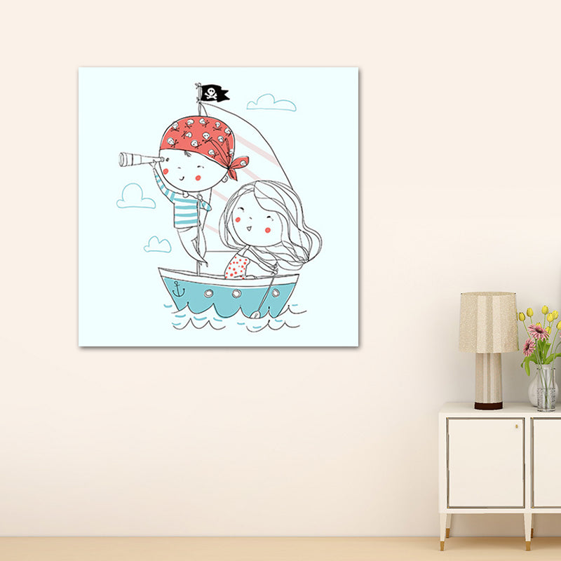 Kids Rowing Drawing Canvas Print Cartoon Lovely Figure Wall Art in Blue on White Clearhalo 'Art Gallery' 'Canvas Art' 'Kids' Arts' 1763031