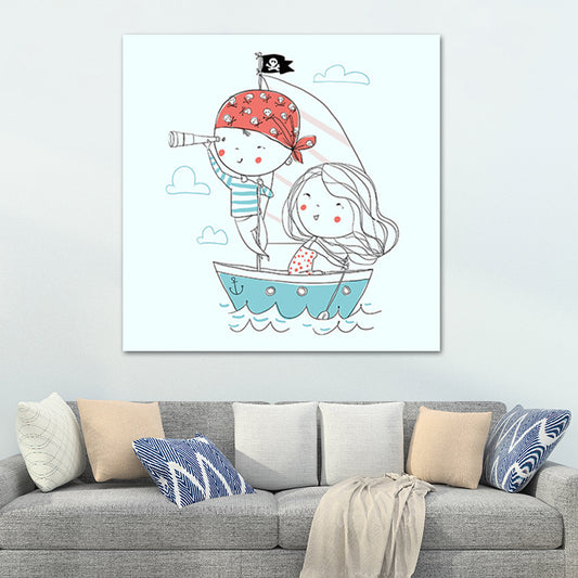 Kids Rowing Drawing Canvas Print Cartoon Lovely Figure Wall Art in Blue on White Clearhalo 'Art Gallery' 'Canvas Art' 'Kids' Arts' 1763032