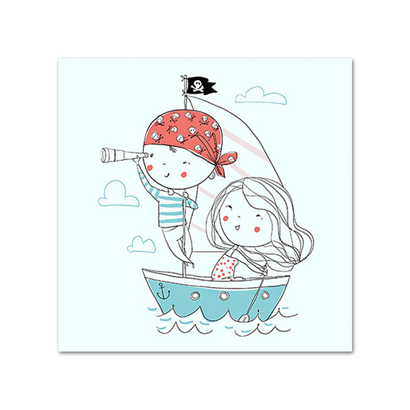 Kids Rowing Drawing Canvas Print Cartoon Lovely Figure Wall Art in Blue on White Clearhalo 'Art Gallery' 'Canvas Art' 'Kids' Arts' 1763033