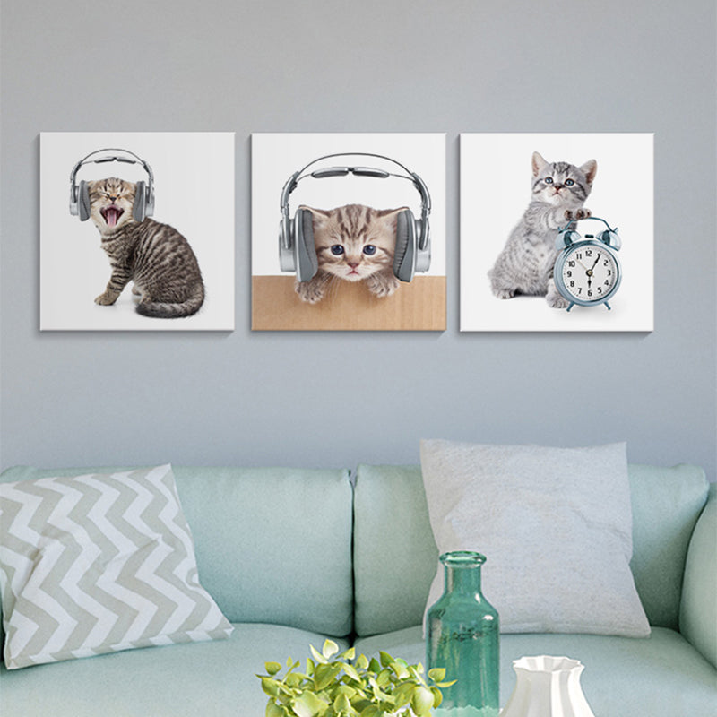 Gray Cat Painting Multi-Piece Childrens' Art Dining Room Canvas Print, Multiple Sizes, Set of 3 Grey Clearhalo 'Art Gallery' 'Canvas Art' 'Kids' Arts' 1763043