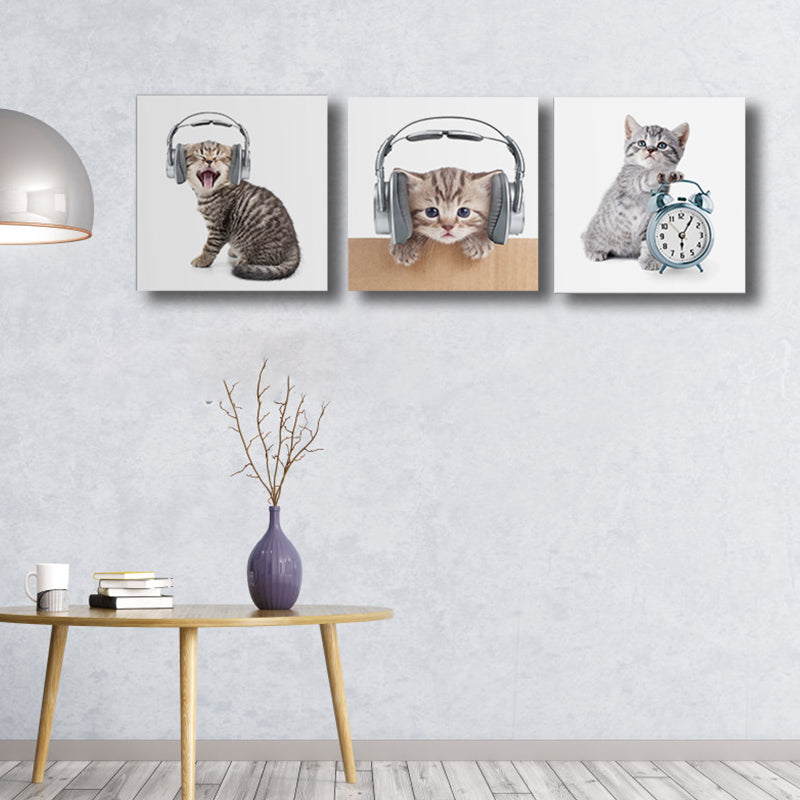 Gray Cat Painting Multi-Piece Childrens' Art Dining Room Canvas Print, Multiple Sizes, Set of 3 Clearhalo 'Art Gallery' 'Canvas Art' 'Kids' Arts' 1763044