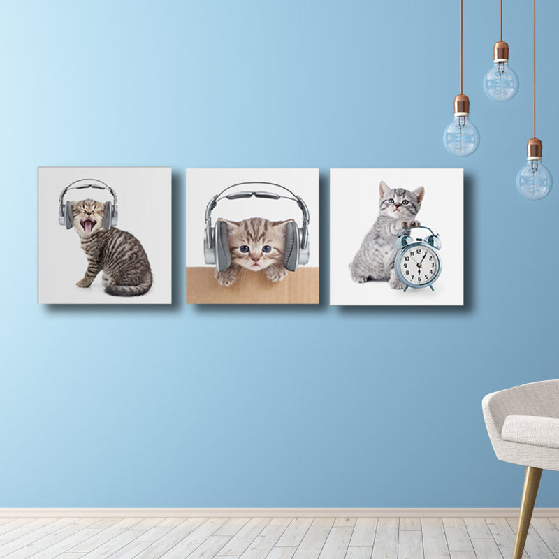Gray Cat Painting Multi-Piece Childrens' Art Dining Room Canvas Print, Multiple Sizes, Set of 3 Clearhalo 'Art Gallery' 'Canvas Art' 'Kids' Arts' 1763045