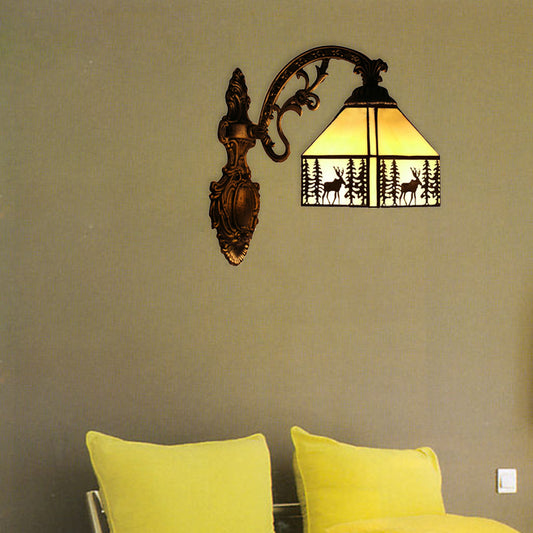 1 Light Forest Deer Wall Light with Lodge Shade Tiffany Rustic Wall Sconce in Beige for Hotel Beige Clearhalo 'Industrial' 'Middle century wall lights' 'Tiffany wall lights' 'Tiffany' 'Wall Lamps & Sconces' 'Wall Lights' Lighting' 176304