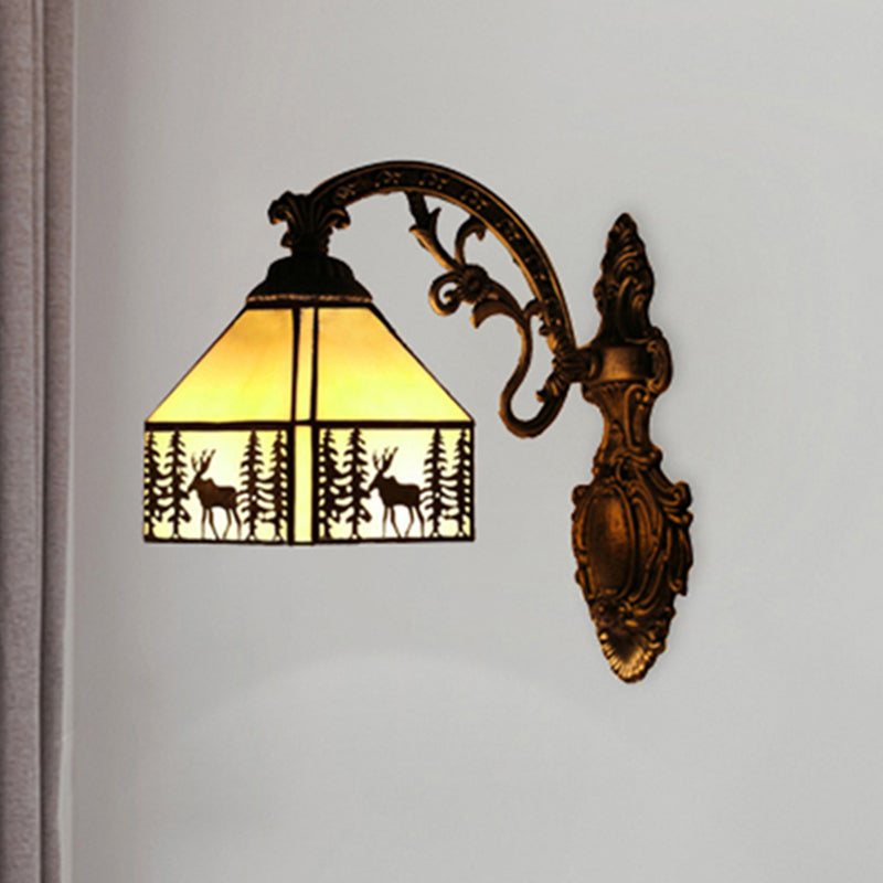 1 Light Forest Deer Wall Light with Lodge Shade Tiffany Rustic Wall Sconce in Beige for Hotel Clearhalo 'Industrial' 'Middle century wall lights' 'Tiffany wall lights' 'Tiffany' 'Wall Lamps & Sconces' 'Wall Lights' Lighting' 176305
